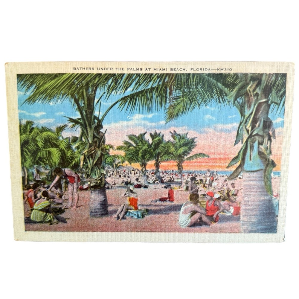 Vintage Linen‎ Postcard Miami Beach Florida Palm Tree Sunbathers Made in the USA